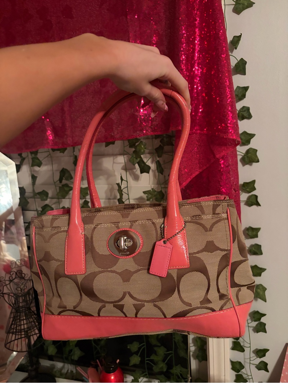 Coach Brown Signature Canvas Tote with Coral Pink Trim
